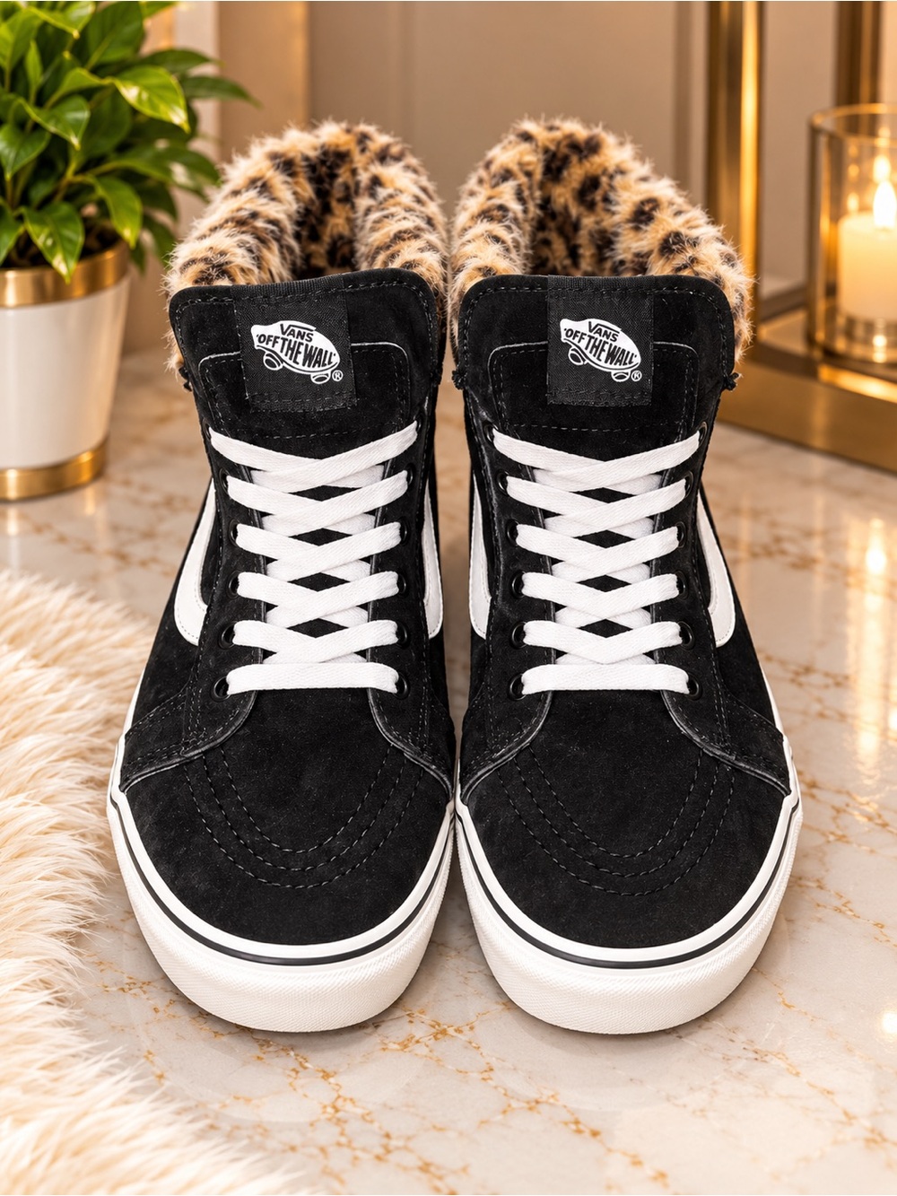 Vans Women’s Black & White High-Top Sneakers with Leopard Print Lining